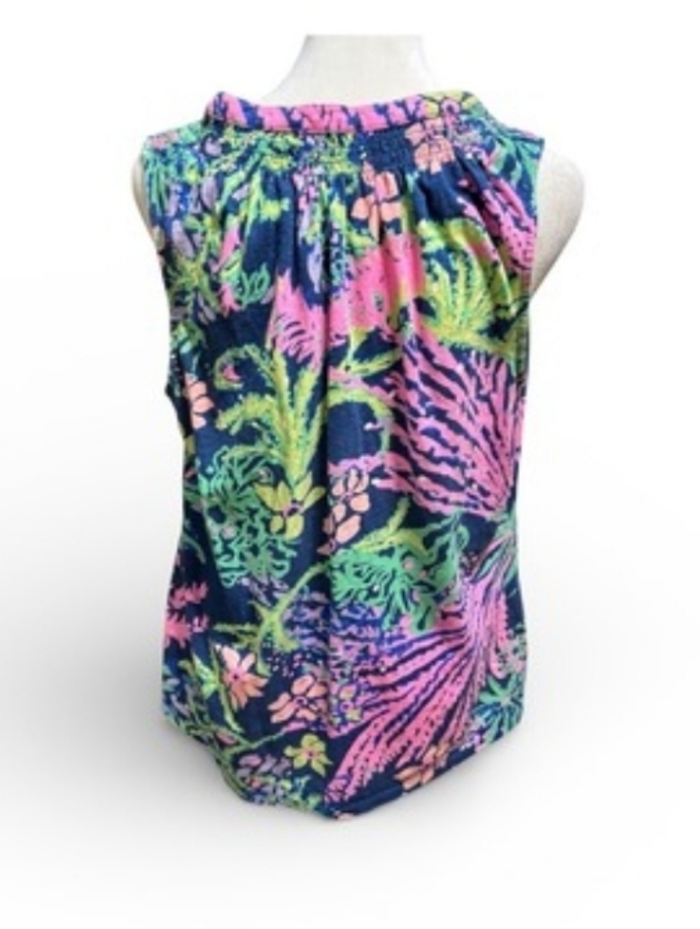 Lilly Pulitzer Gold Button Down V-Neck Blue Pink Green Floral Tank Top Large - Picture 2 of 7